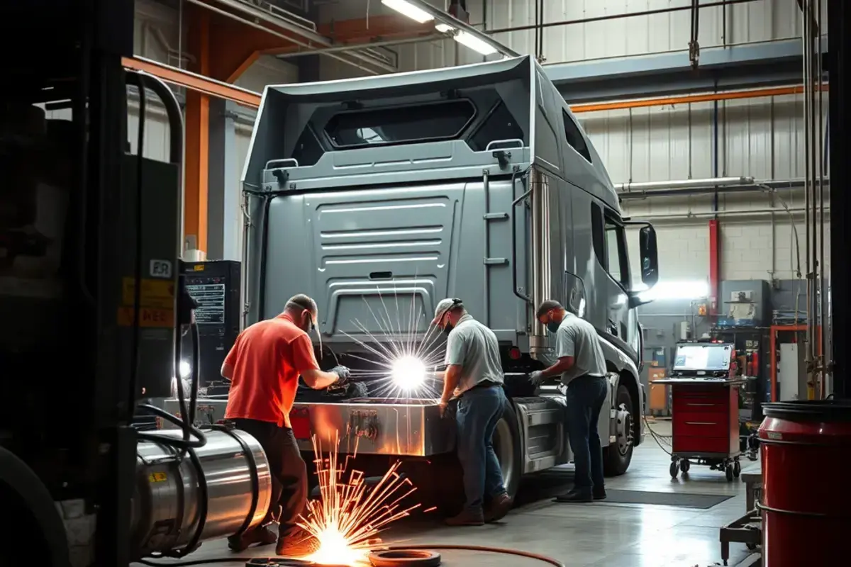 Professional truck body repair workshop with technicians working on heavy duty truck