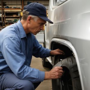 Leo Richardson, Owner and Master Technician, examining truck body damage