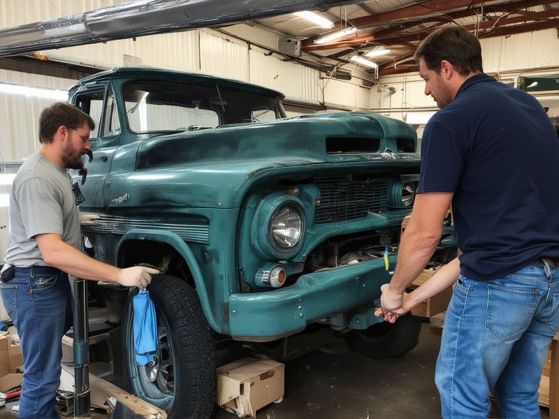 Fish N More team working together on truck restoration project in the workshop
