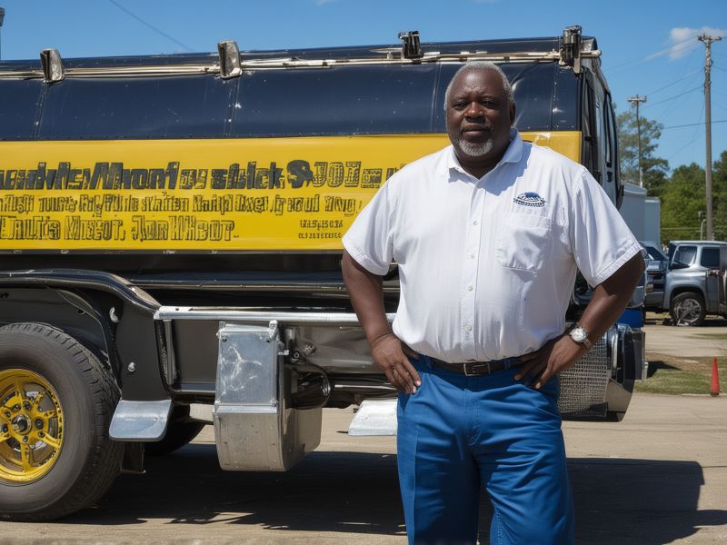 Leo Richardson, founder and owner of Fish N More Truck Body Shop, standing in front of the repair facility