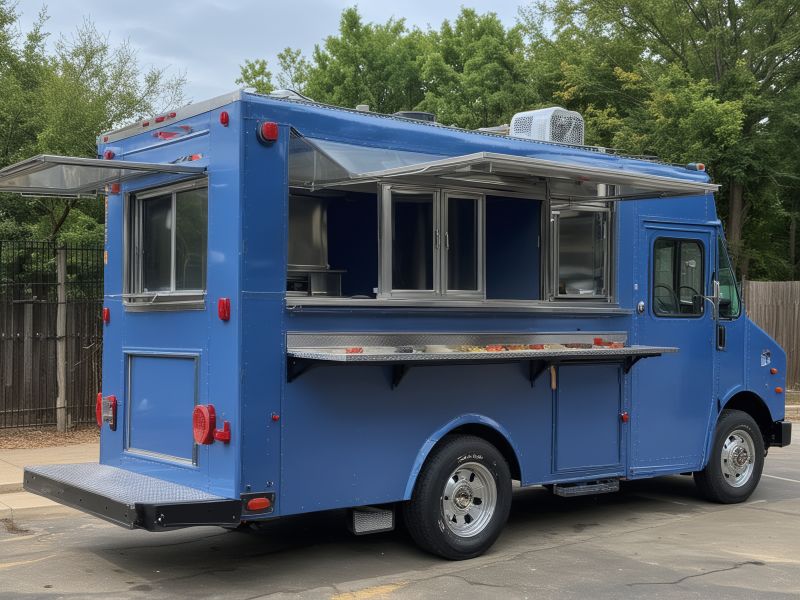 Custom food truck body modification with service windows and equipment installation