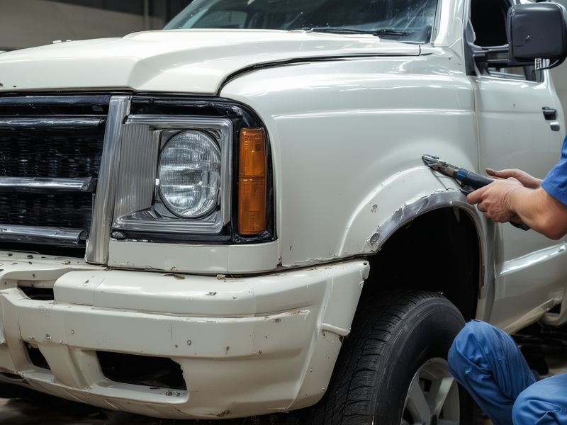Professional collision repair technician working on damaged truck body with precision tools