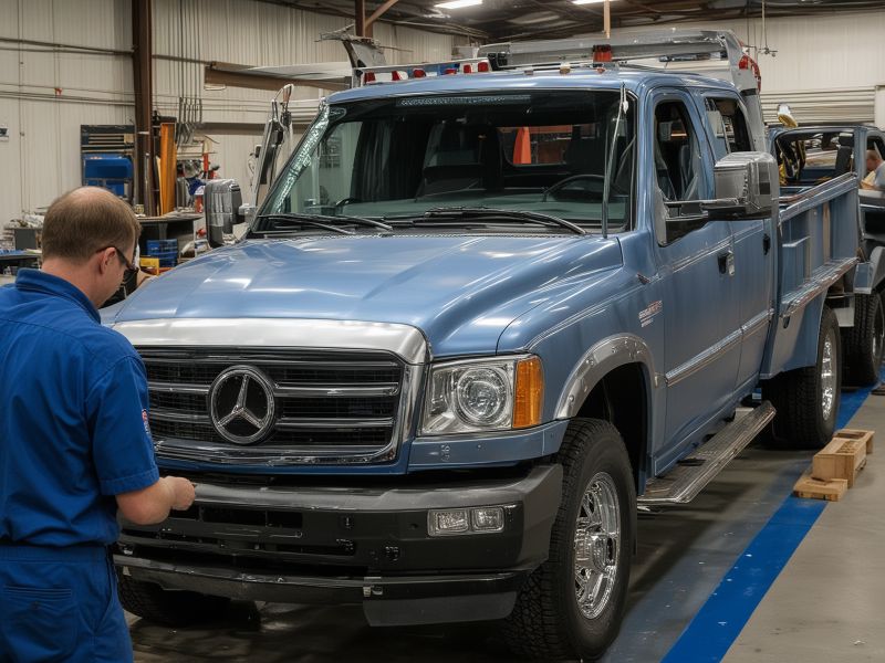 Custom truck fabrication workshop showing professional welders creating specialty truck modifications
