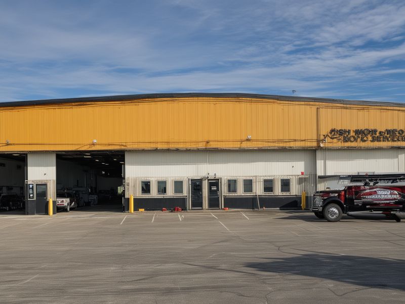 Professional truck body repair work being performed in modern workshop
