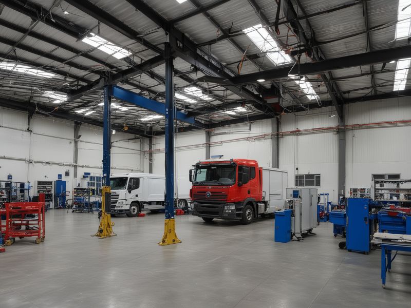 Modern truck body shop facility with professional equipment