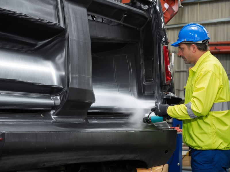 Professional truck body work in progress showing skilled craftsmen at work with specialized tools
